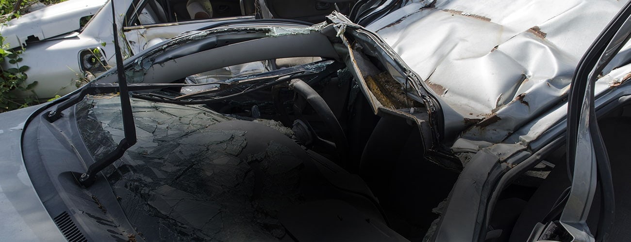 Crashed car accident, close-up, front view